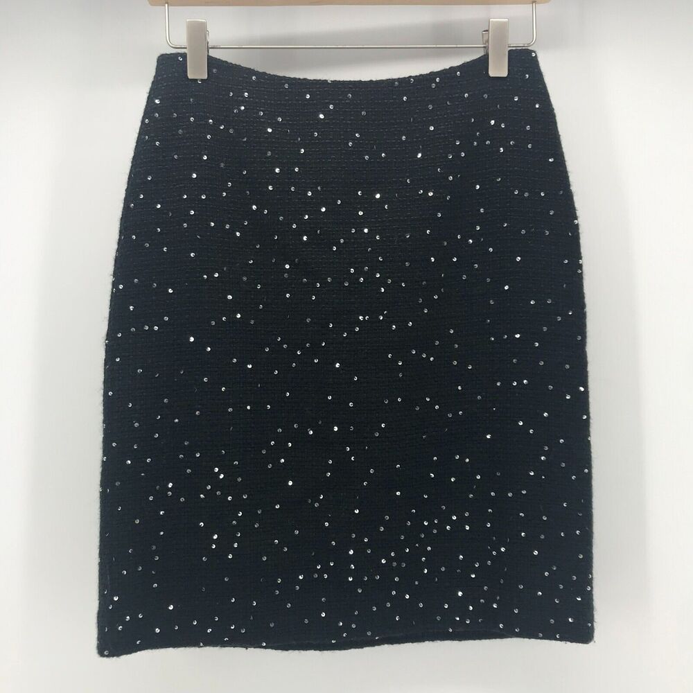 Ann Taylor Petites Skirt Womens 0P 0 Petite Black Woven Wool Blend Silver Sequin